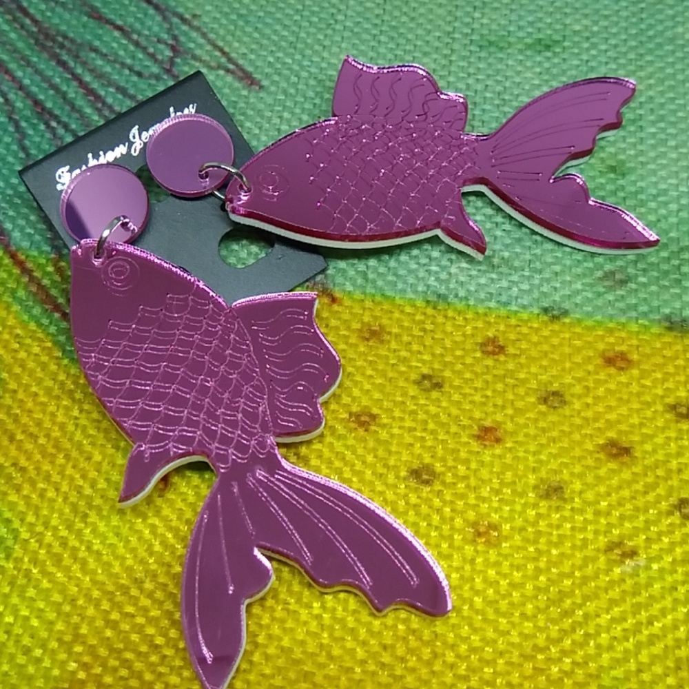 Hot  Pink Mirrors Koi Fish Earrings